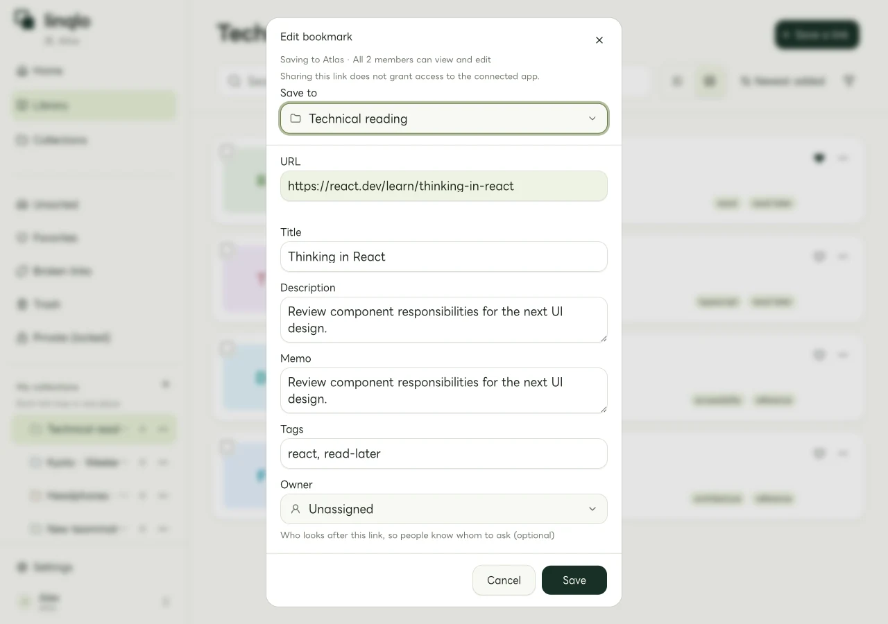 Web editor with tags and a reading note for a React article