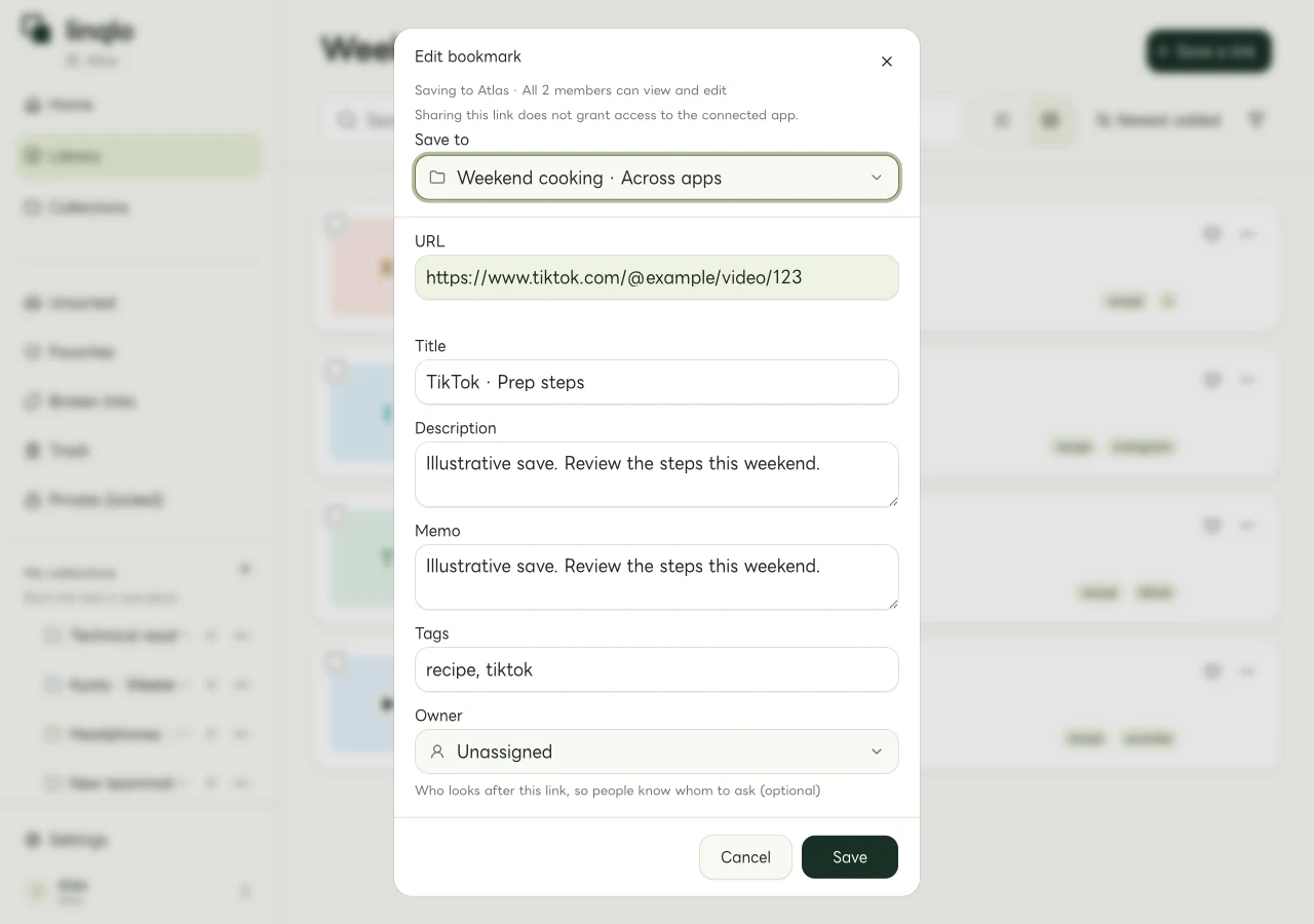 Web editor for a TikTok URL, title, and note (fictional data)
