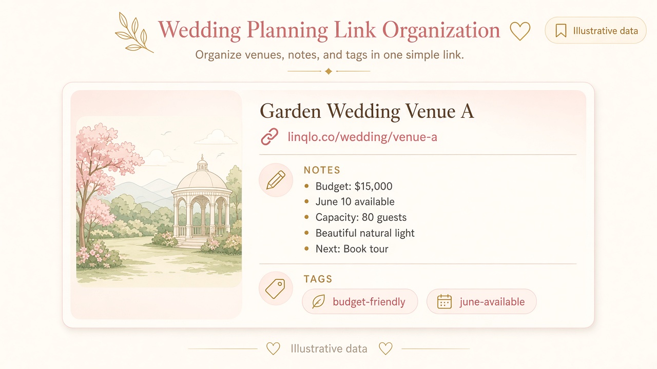 Editing a wedding venue bookmark with budget and tour notes in linqlo