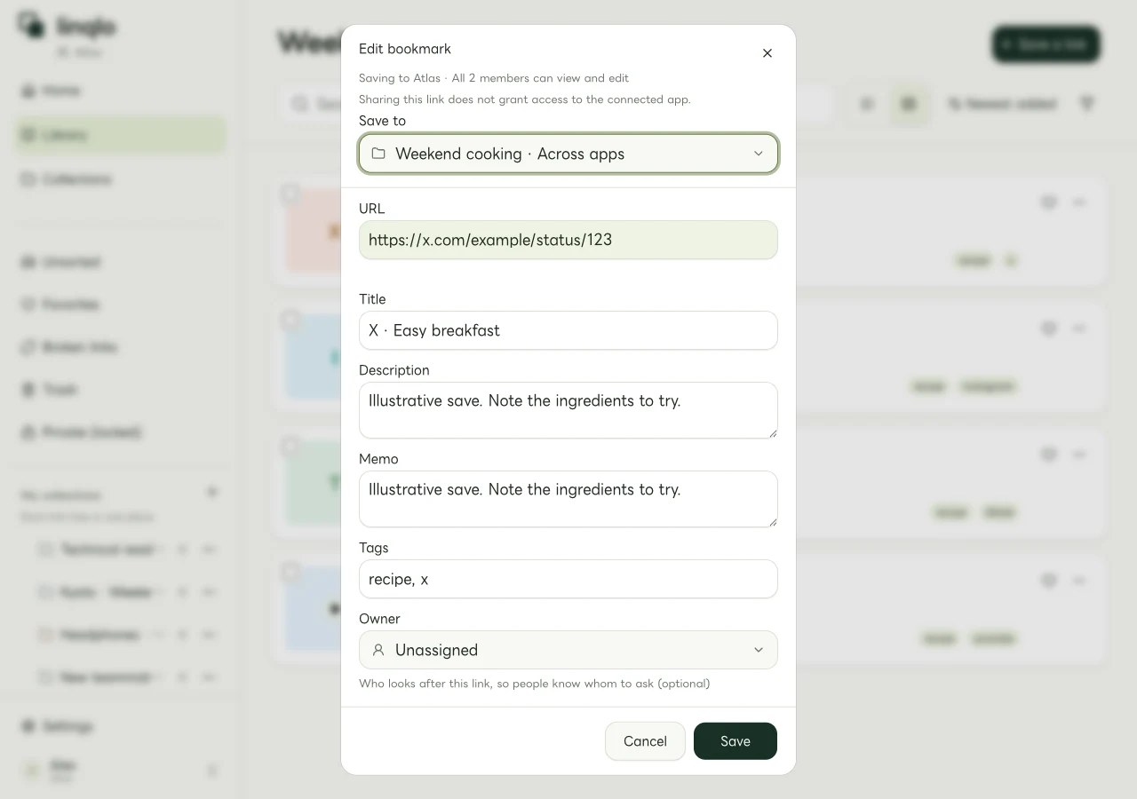 Web editor for a X URL, title, and note (fictional data)