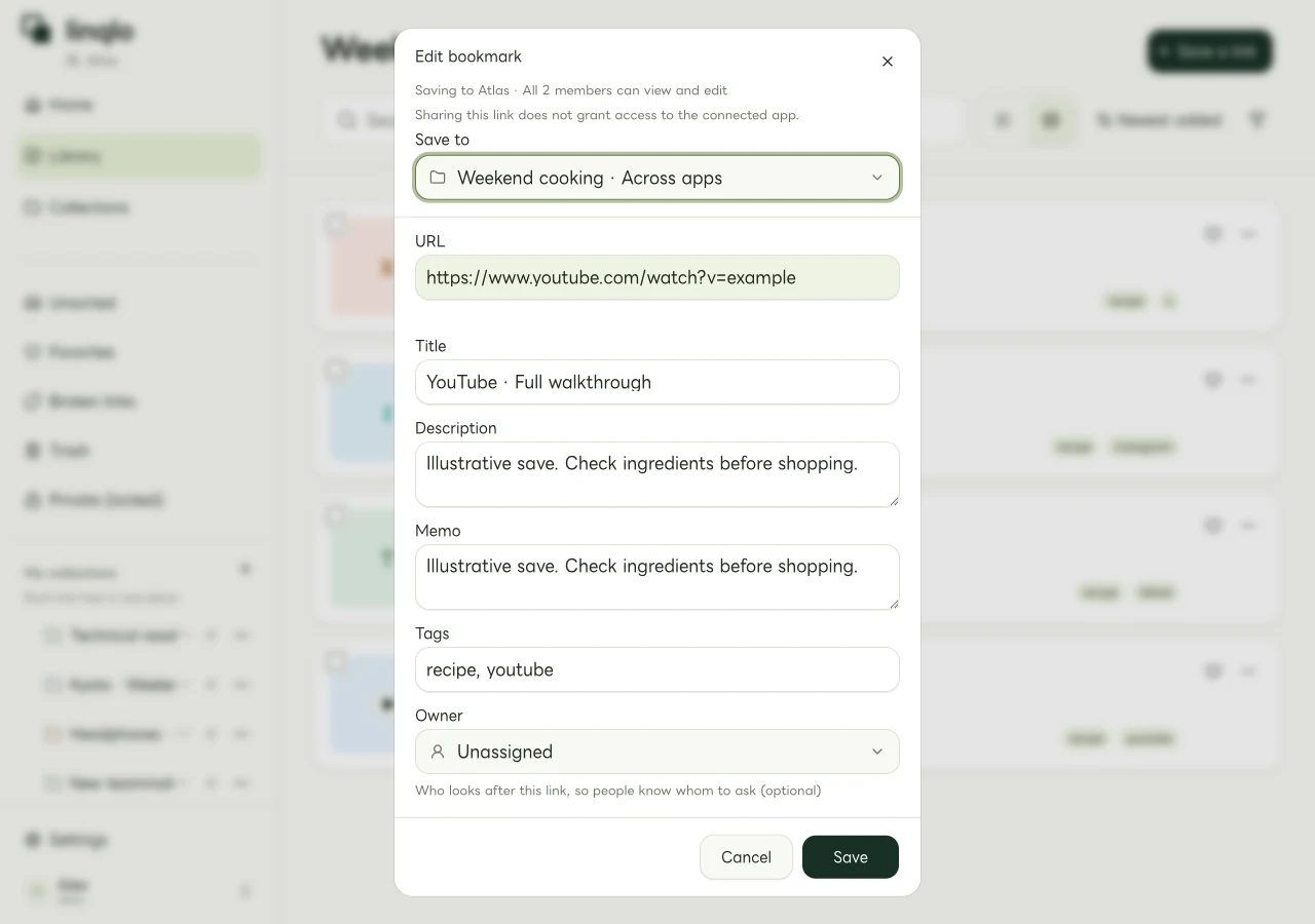 Web editor for a YouTube URL, title, and note (fictional data)
