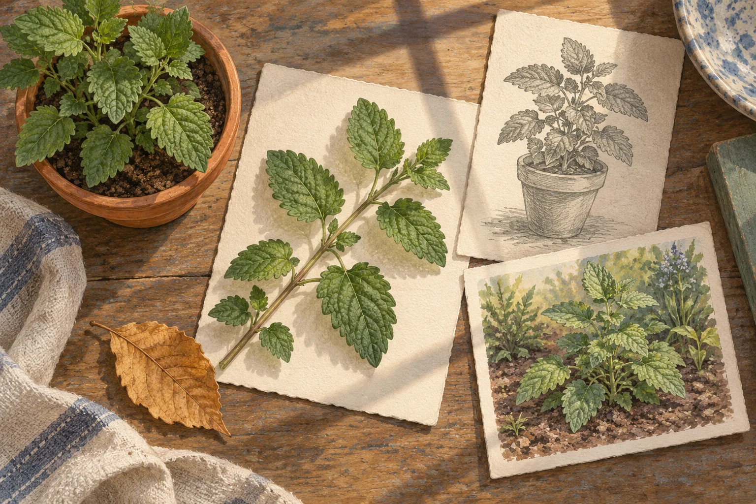 鉢植えの横に、葉、鉢植え、地植えを描いた紙を並べたイラスト
