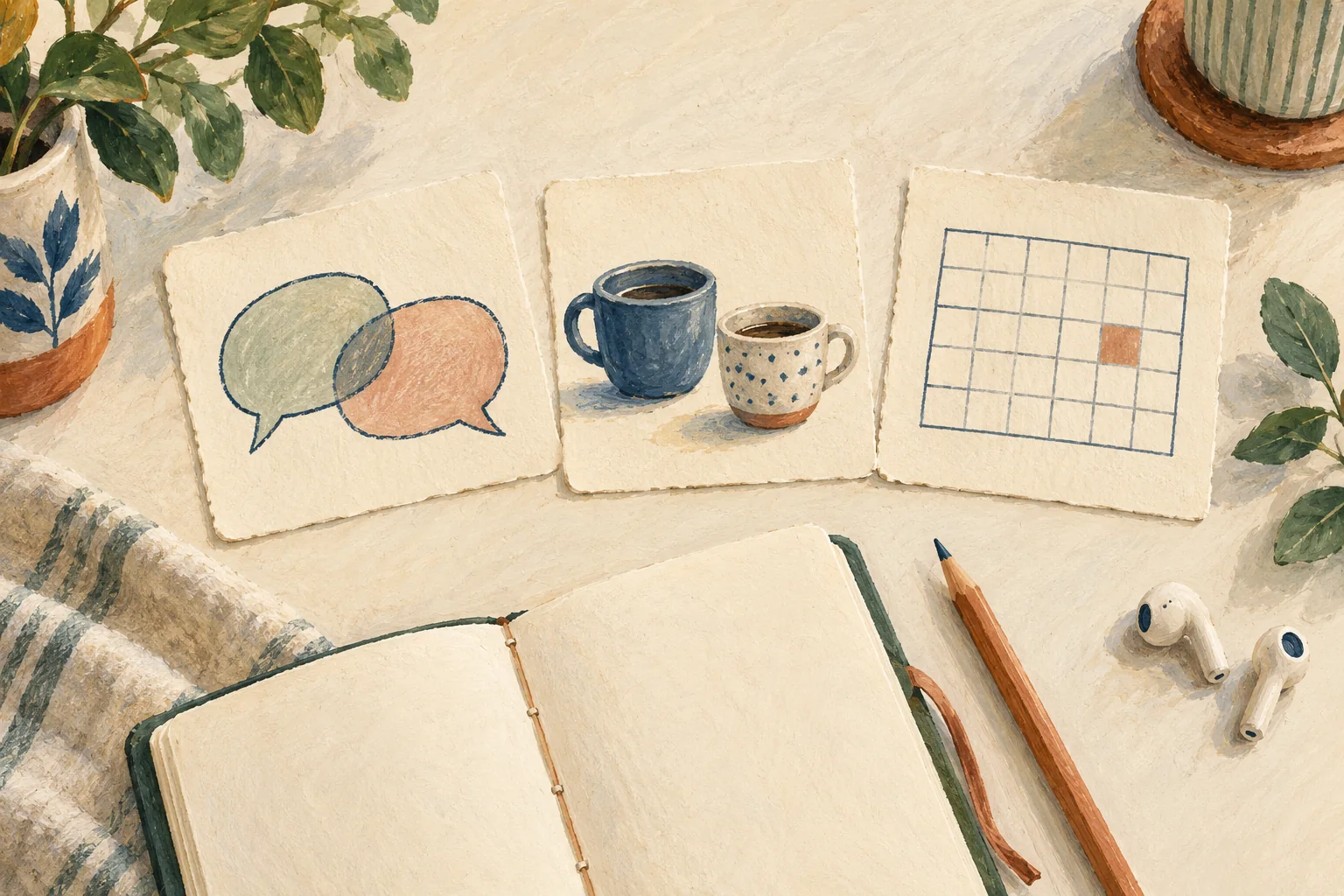 吹き出し、二つのカップ、カレンダーの絵のカードをノートとイヤホンの横に並べたイラスト