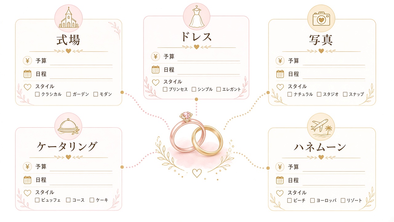 結婚式の候補と準備メモを一緒に — linqloの実画面をもとにした説明画像