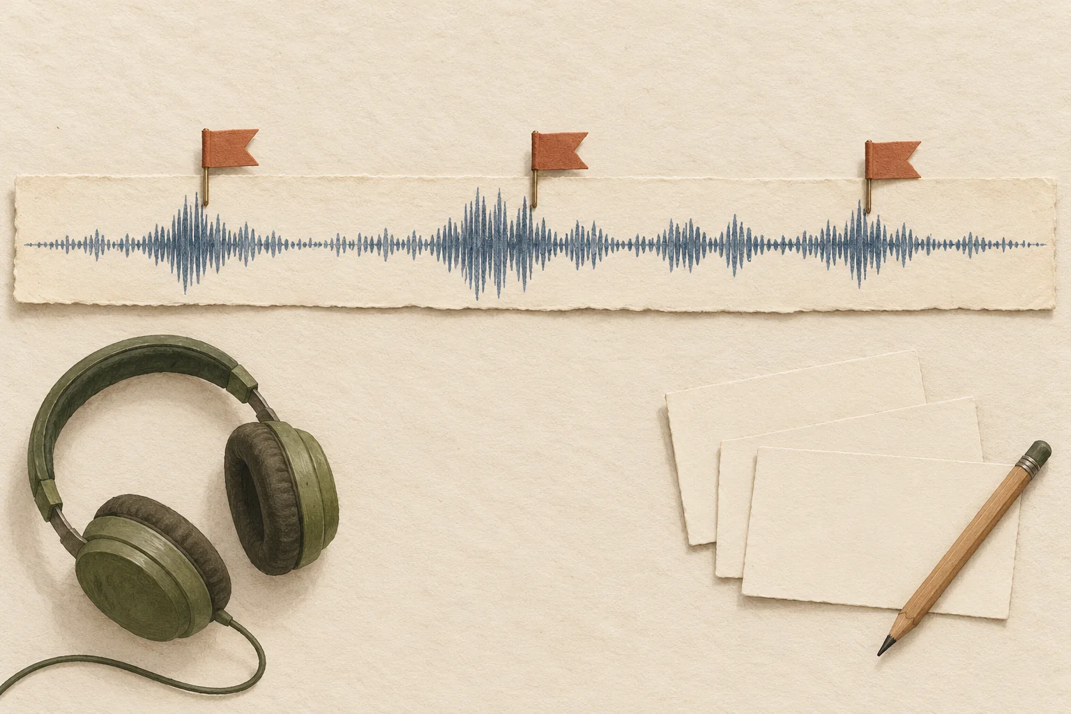 音の波形を描いた紙に3本の旗を置き、ヘッドホンと白紙カードを添えた生成イラスト