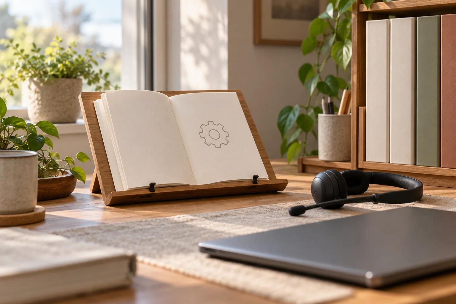 歯車の印がある本を置いた書見台と、ヘッドセット、閉じたノートPC、無地のファイルを描いた生成画像
