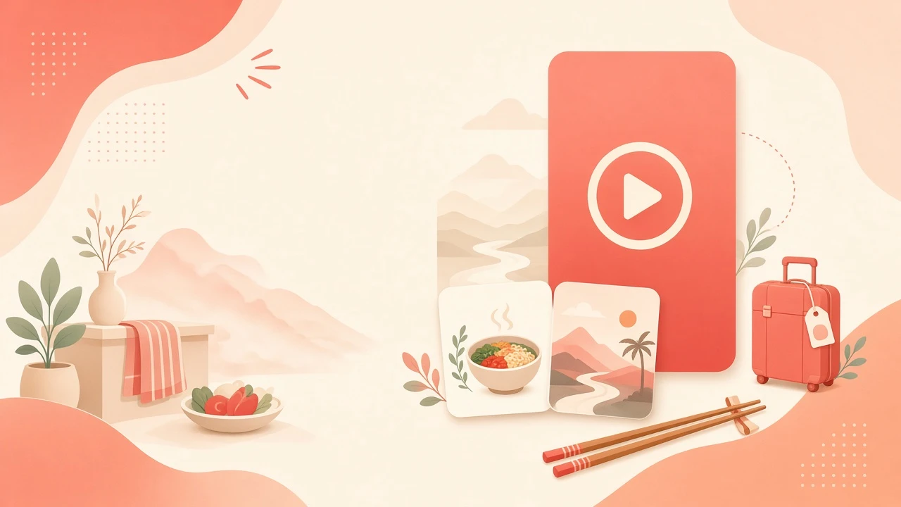 TikTokの旅行・料理候補動画を集めたWebコレクション画面の挿絵（架空データ）