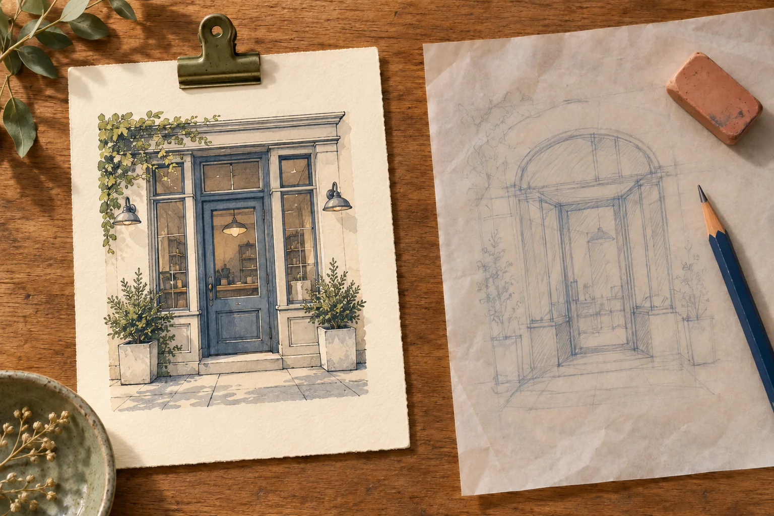 生成插画:完成的店面画旁放着描图纸上的浅色草稿、橡皮和铅笔