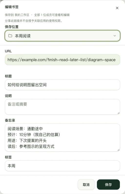 真实网页编辑界面，展示本周阅读收藏夹的阅读时间备注和本周标签