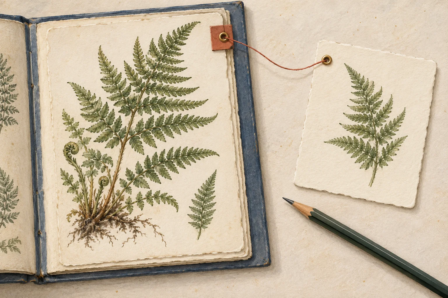 植物图册中的蕨类与同样图案的卡片用细绳连接的生成插画