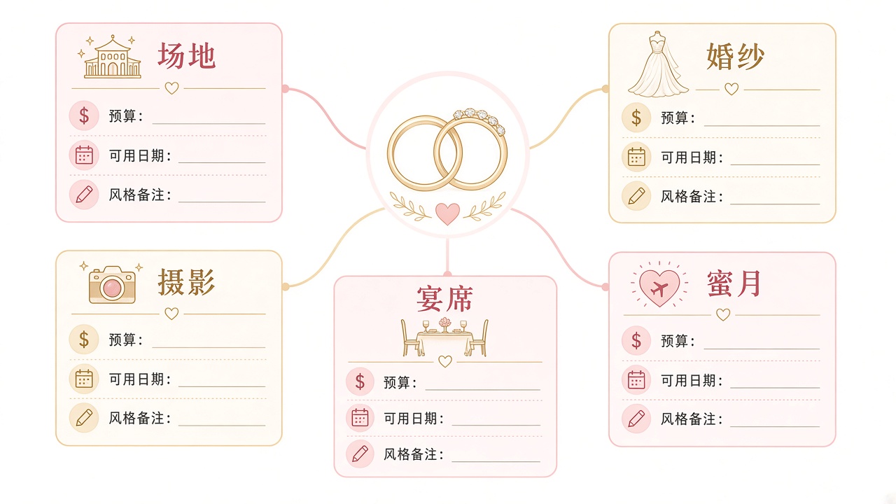 婚礼候选和筹备笔记一起管理 — 基于linqlo实际界面的说明图片